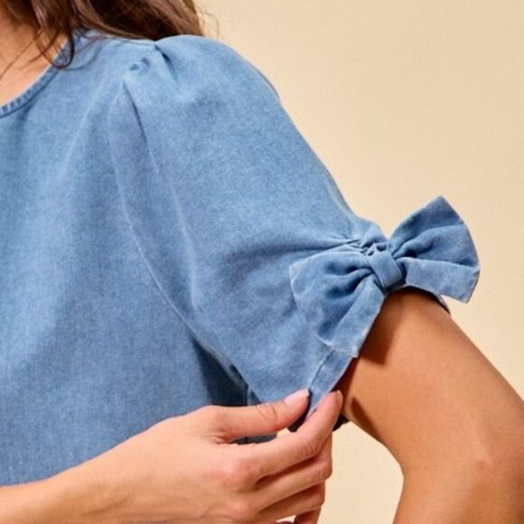 SO ME Denim Bow Cuff Short Puff Sleeves Denim Peplum Top sz Small - Picture 4 of 11